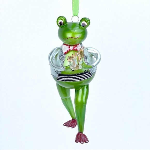 Blown Glass Christopher Radko Musician Green Frog Ornament With Instrument - Picture 2 of 6